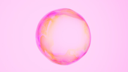 Floating pink water bubble on light background. Water drop dispersion. Rainbow refraction. 3d rendering