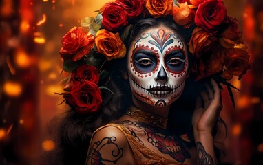 Portrait of beautiful Catrina woman celebrating the Day of the Dead.