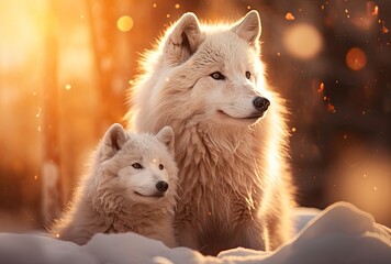 Para białych wilków o zachodzie słońca - obrazy, fototapety, plakaty