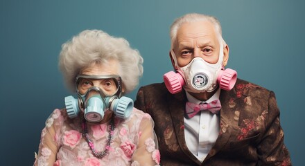 two elderly people woman, man in a respirator mask - obrazy, fototapety, plakaty