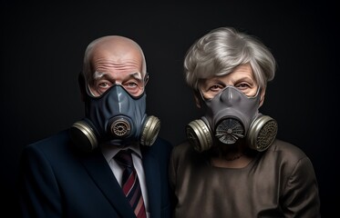 two elderly people woman, man in a respirator mask