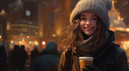 beautiful girl with a cup on a winter Christmas street in the evening