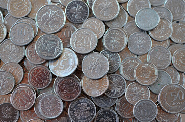 many silver Polish coins seamless background - obrazy, fototapety, plakaty