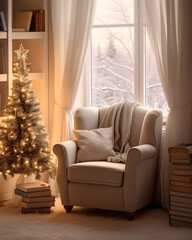 Cozy corner interior design with Christmas tree. Living room xmas modern home decor with luxury minimalist furniture. Sofa with books and lights under a window. Warm home, new year celebration.