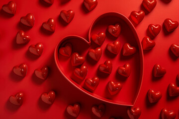 Lots of red hearts in a red heart-shaped box closeup isolated on red background.Valentine's day, mother's day, birthday concept