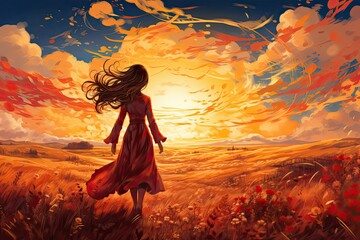 Piękna anime dziewczyna spaceruje po polanie pełnej kwiatów i płatków latających w powietrzu. 