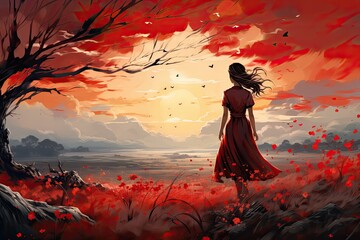 Piękna anime dziewczyna spaceruje po polanie pełnej kwiatów i płatków latających w powietrzu.  - obrazy, fototapety, plakaty