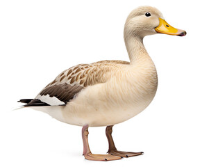 Beautiful duck is standing isolated on white background. Generative AI image illustration. Beautiful farm animals concept