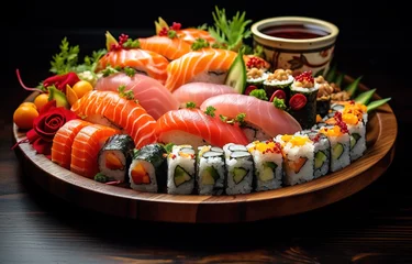 Fotobehang sushi platter with various types of sushi on a wooden plate  © graph