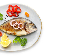 Plate with tasty grilled dorado fish on white background