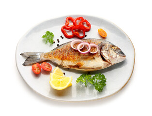 Plate with tasty grilled dorado fish on white background