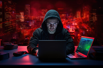 hacker working on laptop, hacker with laptop computer