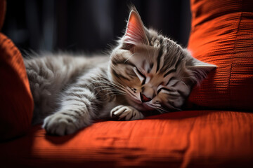 baby cat sleeping on a sofa
