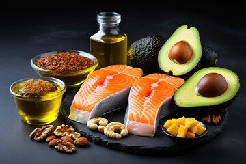 oil and vinegar with salmon fish and avocado fruit