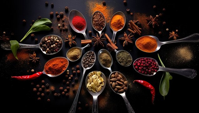 spoons of various spices and herbs on a black surface