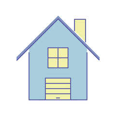 House facade with garage and chimney. Two-story Private home or cottage with a roof. Simple image. Property. Isolated object. Color illustration with outline - blue and yellow colors. Vector icon.