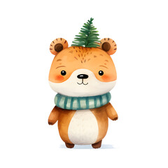 Watercolor Christmas fuzzy brown bear in green scarf and tree hat isolated on white background, cute character, winter season, holiday