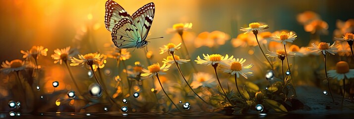 Motyle latające na łące pośród pięknych wiosennych kwiatów widok panoramiczny. 