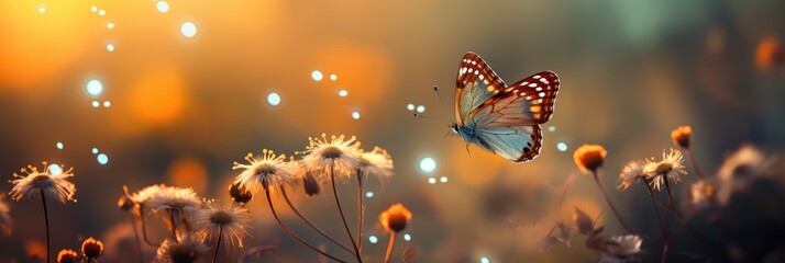 Motyle latające na łące pośród pięknych wiosennych kwiatów widok panoramiczny.  - obrazy, fototapety, plakaty