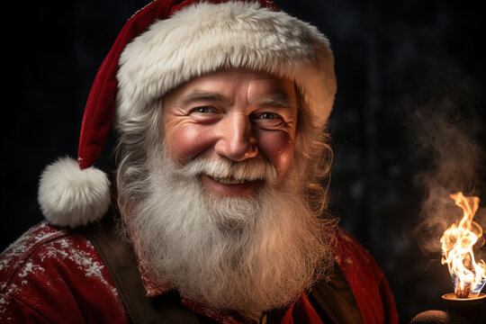 Santa Claus in Red Suit Walking Outdoors at Night with Torch, Smiling at Camera