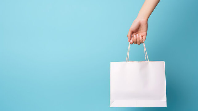 Close-up of female hand holding blank white shopping paper bag. Mockup template for branding bag isolated on flat blue background with copy space.