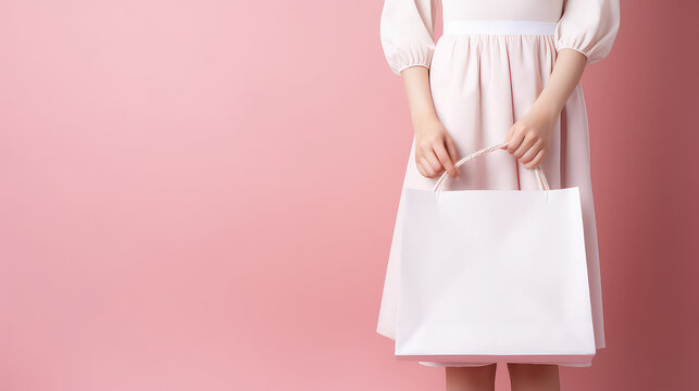 Close-up Of Female Hand Holding Blank White Shopping Paper Bag. Mockup Template For Branding Bag Isolated On Flat Pink Background With Copy Space.