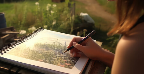 Woman drawing a sketchbook picture in the summer outside. Creative hobby, drawing for adults from...