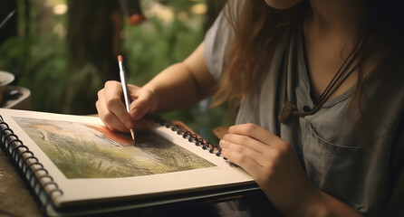 Woman drawing a sketchbook picture in the summer outside. Creative hobby, drawing for adults from...