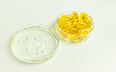 Golden oil capsules for creating tablets, chemical production of supplements, development of medicine