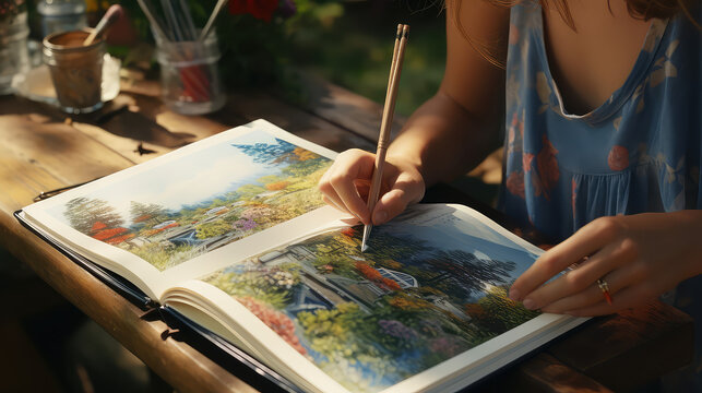 Woman drawing a sketchbook picture in the summer outside. Creative hobby, drawing for adults from nature. 
