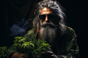 serious man with a crop of illegal marijuana bush on black background