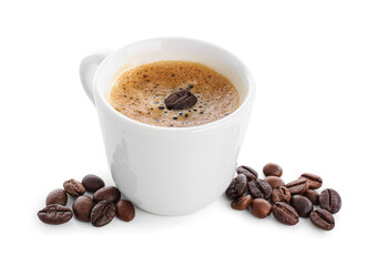 Cup of delicious espresso and coffee beans on white background