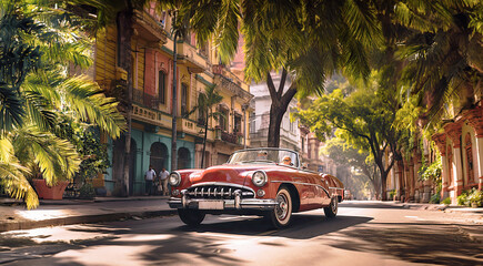 Vibrant American vintage car driving in Havana, Cuba in daylight. Colorful exotic retro Havana's streets make a magnigicent magical cityscape.	
