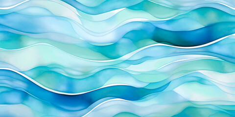 Fototapeta premium Ocean water wave, ripples illustration, Blue, teal, turquoise happy cartoon wave for pool party or ocean beach cruise travel. Wavy web mobile banner, watercolor backdrop, copy space background.