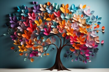 Colorful cut paper tree background. 3D.