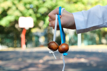 Child's hand holds pair of chestnuts on strings. Conkers game. Outdoor leisure activity. Conkers...