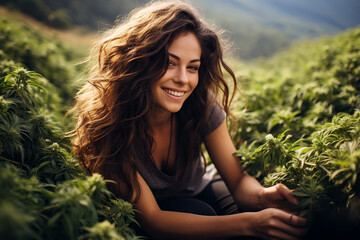 happy white girl smiles on farm field plantation with marijuana cannabis bushes - obrazy, fototapety, plakaty