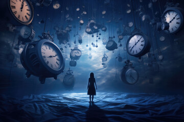 A woman stands with her back to the camera, surrounded by alarm clocks. This illustration represents the struggle with insomnia and circadian rhythm disorders