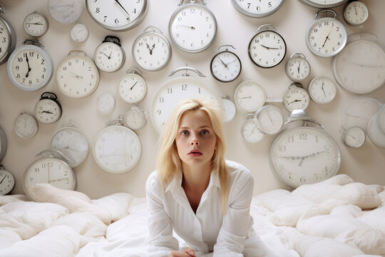 A woman's sleep is disrupted by a series of alarm clocks, a metaphor for the challenges of insomnia and circadian rhythm disorder