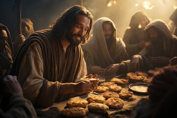 Jesus Christ fed bread to the poor , bible religion, gospels, ancient scriptures history, Jesus hands giving bread to poor , biblical story to feed hungry, charity.
