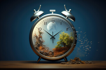 Concept of circadian rhythm dot two alarm clocks one day second night against dark sky