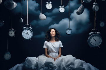 Sleepless woman in bed, difficulty falling asleep, insomnia. Women sitting on a dark background against the background of different alarm clocks
