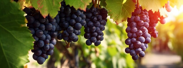 Red wine grapes on vine in summer vineyard on blurred vineyard background,  close up with copy...