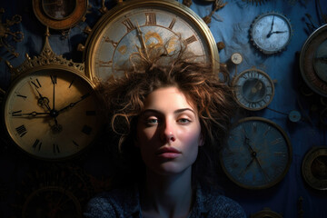 Portrait of a waking woman against the background of a wall on which there are numerous alarm...