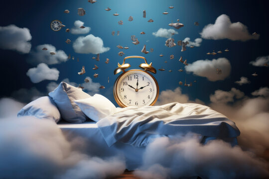 An empty bed in the clouds stands next to an alarm clock. Concept of healthy sleep, bedtime, circadian cycles