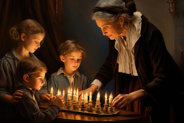 A woman and children light menorah candles on the first night of Hanukkah, symbolizing the joyful celebration of the Festival of Lights
