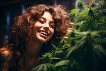 happy woman laughs in bushes of a marijuana cannabis crop on a farm in a greenhouse