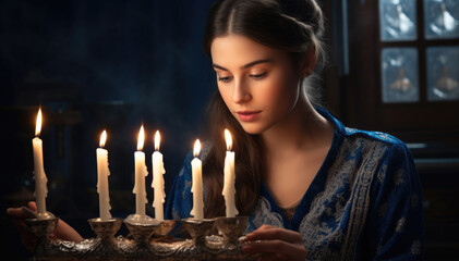 A woman lights minor candles on the first night of Hanukkah, symbolizing the onset of the great festival of lights. - obrazy, fototapety, plakaty