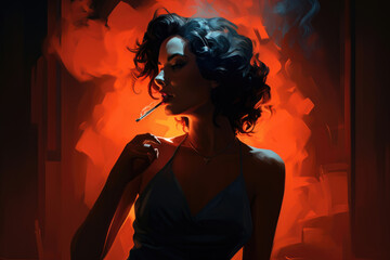 Illustration of a woman smoking against the background of a burning fire in the dark