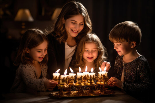 A woman and children light menorah candles on the first night of Hanukkah, symbolizing the joyful celebration of the Festival of Lights